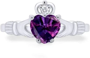 Heart Cut Simulated Amethyst Irish Claddagh Promise Ring Solid Sterling Silver - Picture 1 of 11
