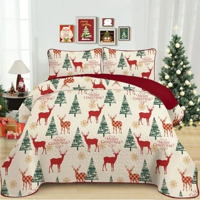  被子套装圣诞节,红色米色床罩假日女王红色和米色驯鹿 — 第 1/4 张图片