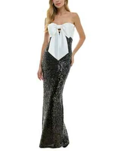 $129 City Studios Juniors' Bow-Bodice Sequinned Gown, Black/Ivory, SIZE-3/4 - Picture 1 of 3