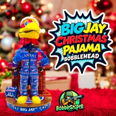 BIG JAY Kansas Jayhawks "Pijama de Navidad de vacaciones" NCAA Mascota Bobblehead Foto 1 de 4