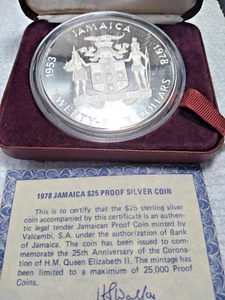SILVER 1978 Jamaica proof 25 Dollars sterling Silver Coin with box and coa br1 - Picture 1 of 12