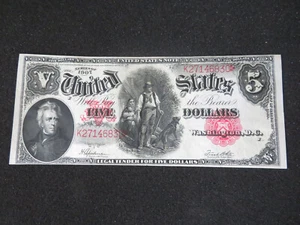 1907-F ($5) FIVE DOLLAR RED SEAL WOOD CHOPPER UNITED STATES LEGAL TENDER NOTE - Picture 1 of 6