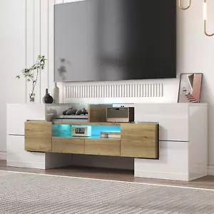 Lowboard TV Schrank mit LED Leuchten Glasböden Fernsehschrank Weiß + Holzfarbe - Bild 1 von 12