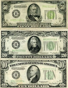 1934 $50, 1934-A $20 & 1934-A $10 FEDERAL RESERVE BANK NOTES!!! - Picture 1 of 2