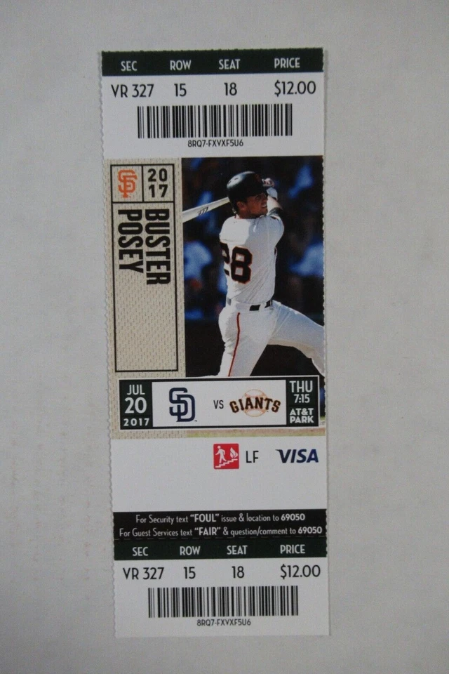SAN FRANCISCO GIANTS VS SAN DIEGO PADRES 7/20/2017 FULL TICKET ~ BUSTER POSEY - Image 1 of 1
