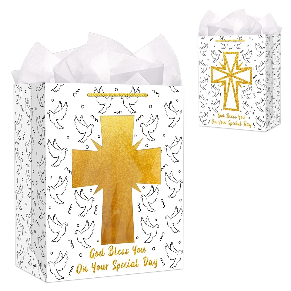 Bolsa de Presentes de Primeira Comunhão para Meninas Meninos Cruz de Ouro Bolsa de Presentes de Batismo Confirmar... - Imagem 1 de 4