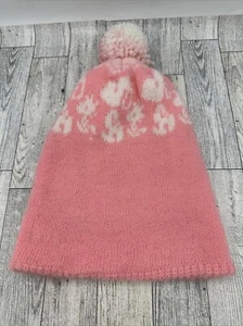 Vintage 70s 80s Knit Hat Poof Floral Pink Retro Handmade Beanie Winter Attire - Picture 1 of 5