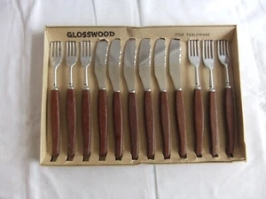 Vintage GLOSSWOOD Wooden Handle Fish Knives & Forks Set Sheffield - Picture 1 of 10