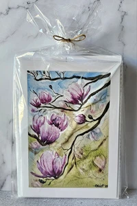 Set Of 5 Spring Floral Pink Tulip Tree Cards Blank Inside W/White Envelopes 5x7 - Picture 1 of 5