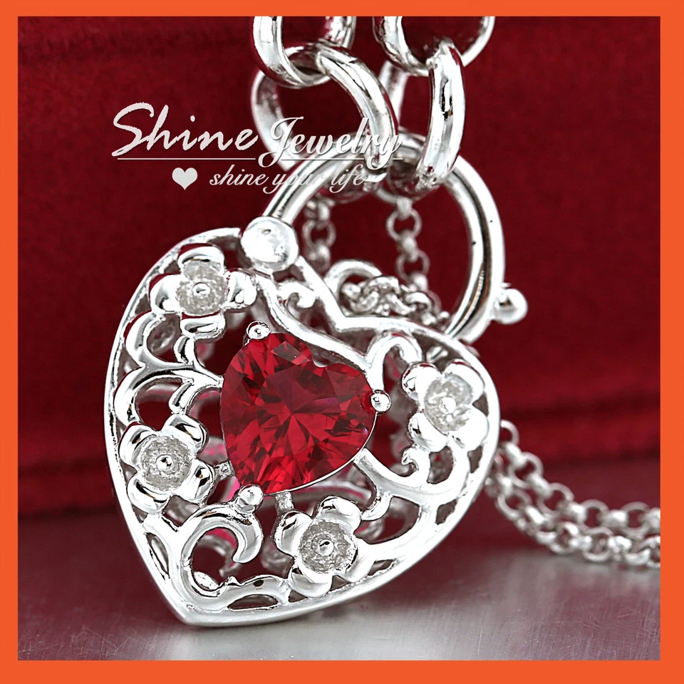 18K WHITE GOLD GF RUBY CRYSTAL HEART PADLOCK BELCHER RINGS CHAIN BANGLE BRACELET Foto 1 de 4