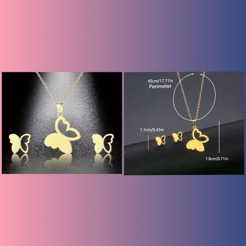Set Gioielli In Acciaio Inox A Forma Di Farfalla - Perno Orecchino E Pendente Collana - 18 Pezzi 6,5x10mm