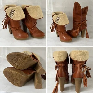 Miss Sixty Brown Tan Leather Boots Fleece Lined Fold Down Tassels Y2K 00s Winter - Picture 1 of 15