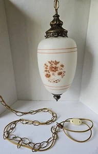 Vintage Hollywood Regency Brass Ornate Swag Chain Hanging Milk Glass Floral Lamp - Picture 1 of 9