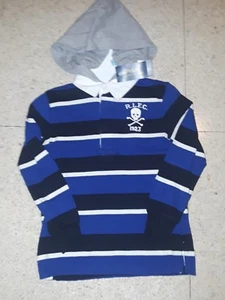 NWT Polo Ralph Lauren Boys College BLUE Stripe Skull Hooded Rugby Polo Shirt MED - Picture 1 of 2