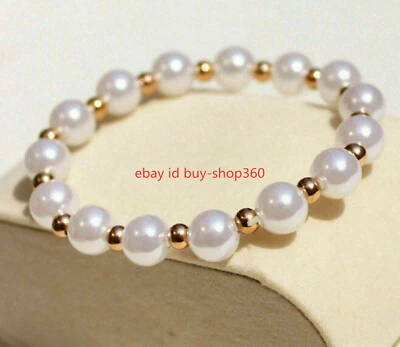 Natural 8mm White Shell Pearl Round Gemstone Bracelet 7.5''  Not Pearl — 第 1/4 张图片