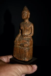 Mounted Antique Thai Seated Wood Buddha Figure - Picture 1 of 12