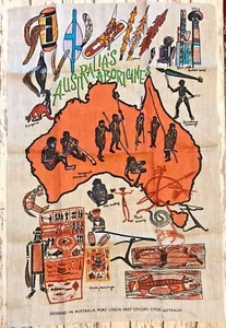 Pure Linen Souvenir Aboriginal TEA TOWEL Australian Aborigine Australia Not Used - Picture 1 of 2