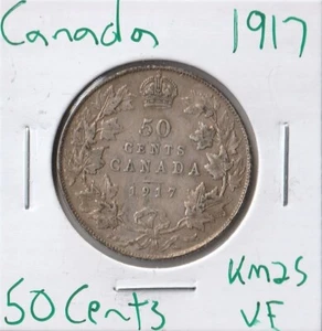Moneda Canadá 50 Céntimos 1917 KM25, Plata - Imagen 1 de 4