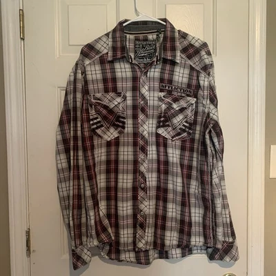 Affliction By Buckle Grey Red Plaid Embroidered Men’s Xtra Large - image 1 of 4