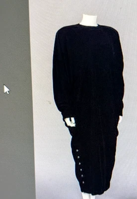 Vintage 80's Norma Kamali Dress Black Silk Velvet Batwing Dolman Sleeves L - Image 1 of 4