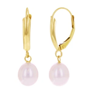 14k Yellow Gold 7mm Oval Freshwater Pearl Dangling Earrings 1.1" - Picture 1 of 3
