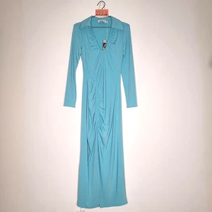 Self Portrait Kleid 8 Tropical Blau Jersey Gerafft Midi Rüschen Kragen Brandneu - Bild 1 von 15