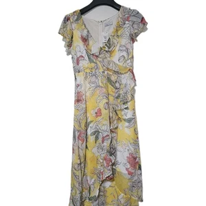 M&S Per Una Floral Wrap Dress Size 10 Yellow Ruffle Hem Midi High Low Dress - Picture 1 of 6