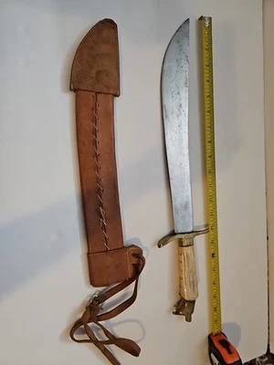 Fixed blade Bowie Knife Etched Blade 22" & Leather Sheath - Image 1 of 4
