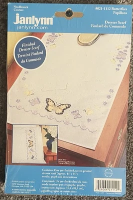 New 2009 Janlynn Needlework Butterflies Stamped Embroidery Dresser Scarf 14"X35" - Image 1 of 2