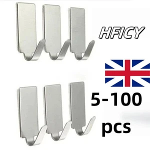 Sticky Stick On Wall Hook Self Adhesive Silver Hooks Stainless Steel Strong UK - Picture 1 of 6