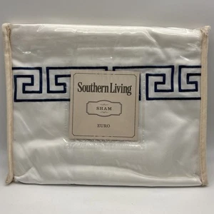 Southern Living Greek Key Euro Sham, Embroidered, Navy Blue, White, Cotton - Picture 1 of 8