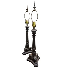 31" Pair Of Antique French LIONS Tri FOOT Spelter Table Lamps Early 1900s - Picture 1 of 4