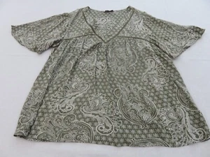 M&S OLIVE GREY VICTORIAN DAMASK PAISLEY PRINT SLIP OVER V NECK BLOUSE TOP UK 12 - Picture 1 of 16