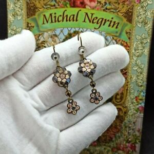 Michal Negrin Earrings Statement With Swarovski Crystals Long Drop Flowers Gift