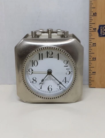 Pottery Barn Clock Alarm Golden Gate Square Travel Brushed Nickel Silver Tone Cover