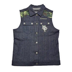 Vintage Blac Label Denim Vest Men L Camo Embroidered Button Up Y2K - Picture 1 of 17