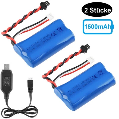 2 Stücke 7,4V 1500mAh 15C Li-Ion Akku SM Stecker mit Ladegerät für RC Auto Boot - Bild 1 von 4