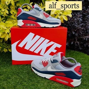 ❤️Neu mit Karton & Original Nike® Air Max 90 Turnschuhe - Hellgrau, Navy & Rot UK Größe 9,5 - Bild 1 von 19