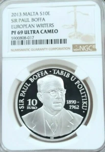 2013 MALTA SILVER 10 EURO S10E SIR PAUL BOFFA NGC PF 69 ULTRA CAMEO TOP POP - Picture 1 of 3