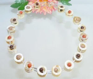 Halskette Kette Perlmutt natur weiss Donut braun beige creme rost 353m - Bild 1 von 8