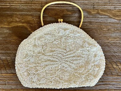 Bolso clutch vintage de noche victoriano con asa dorada con cierre de beso y lentejuelas crema Foto 1 de 4