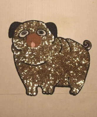Parche grande de lentejuelas doradas Pug hierro sobre apliques nuevo Foto 1 de 4