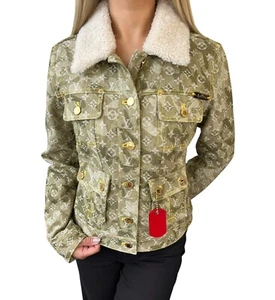 LOUIS VUITTON Vintage Monogram LV Logo Denim Jacket #40 Camouflage Green Cotton - Picture 1 of 12