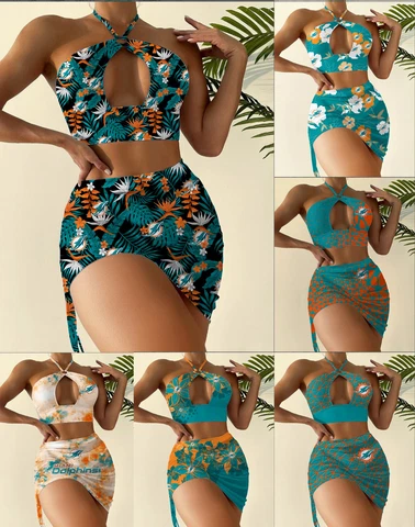 Miami Dolphins Womens 2 Pieces Cutout Swimsuit Halter Bikini Sexy Bathing Suit Cover