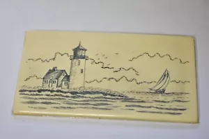 VINTAGE PLASTIC RECTANGLE 84mm x 45mm FAUX SCRIMSHAW • NAUTICAL light house - Picture 1 of 2