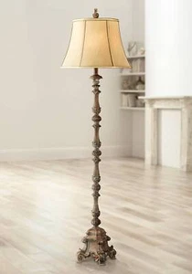 Rustic Floor Lamp French Faux Wood Antique Beige Bell Shade For Living Room - Picture 1 of 9