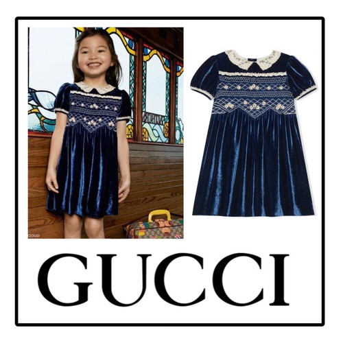Abito bambino 2K Gucci ragazza boutique blu velluto smocked logo GG pizzo 24 2T 3 3T