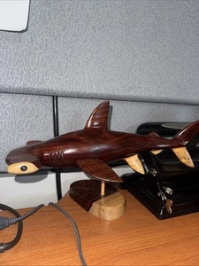 VINTAGE Hand-Carved Ironwood Hammer Head Shark 10.5" Sculpture Figurine On Base - Picture 1 of 3