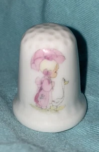 Vintage PRECIOUS MOMENTS Girl Duck Goose Umbrella Thimble - Picture 1 of 9