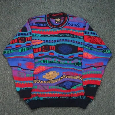VINTAGE Harley Davidson Sweater Mens Extra Large Blue Wool Chunky Knit Colorful - Image 1 of 4